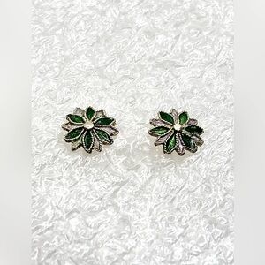 Vtg Sterling Silver & Green Enamel Flower Stud Earrings 6mm
